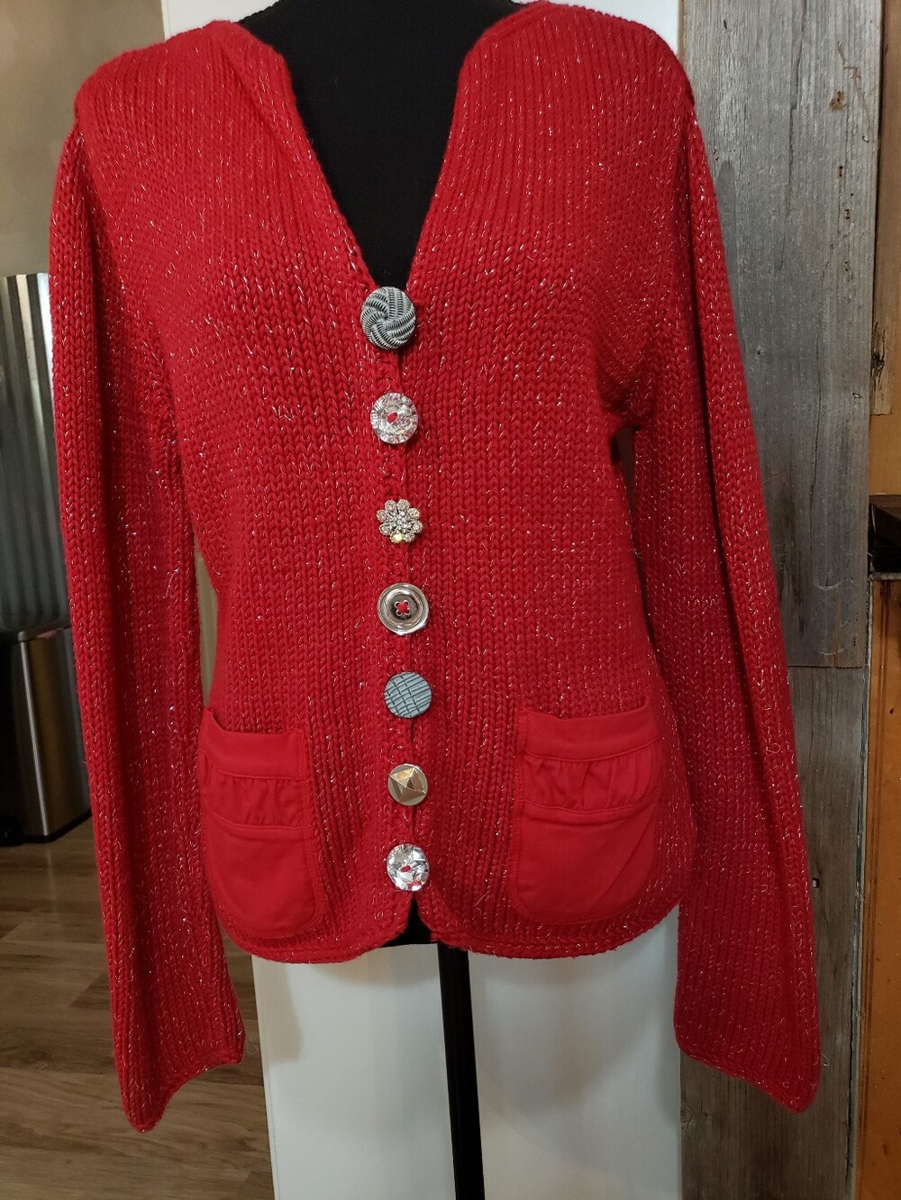 Pure Handknit 100%cotton Red Metallic Mismatch Bling Buttons Cardigan S-m